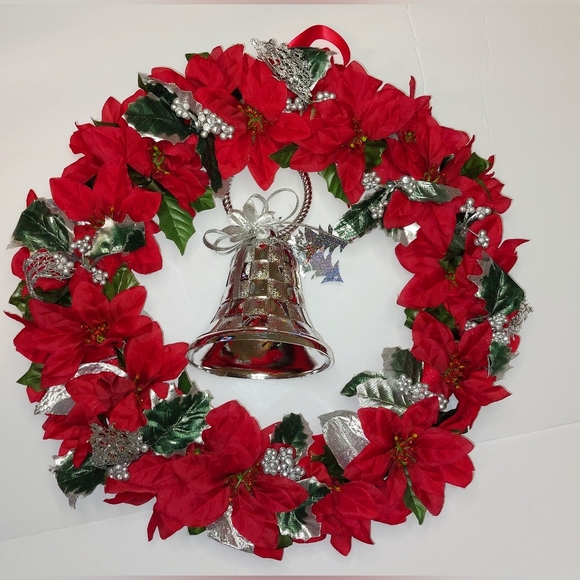 "Silver Bells" Handmade Floral Christmas Wreath Red and Silver 18x18 - Picture 2 of 5